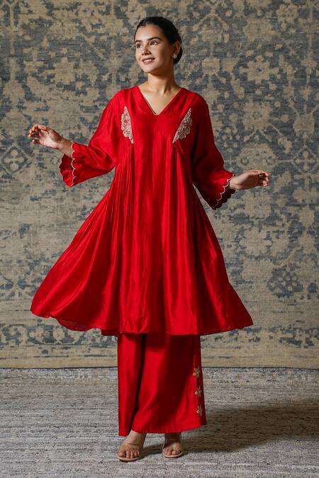 Shop Eeda Red Chiffon, Silk Zari V-neck Noor Gathered Zardosi Work Anarkali And Pant Set Online at Aza Fashions Shop_Eeda_Red Chiffon, Silk Zari V-neck Noor Gathered Zardosi Work Anarkali And Pant Set _Online_at_Aza_Fashions