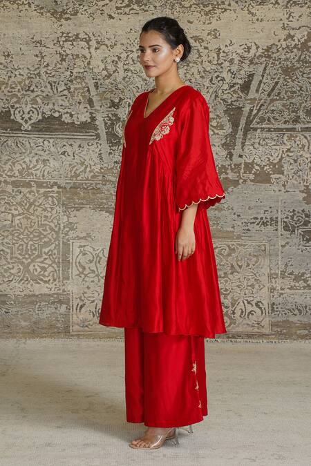 Eeda Red Chiffon, Silk Zari V-neck Noor Gathered Zardosi Work Anarkali And Pant Set at Aza Fashions Eeda_Red Chiffon, Silk Zari V-neck Noor Gathered Zardosi Work Anarkali And Pant Set _at_Aza_Fashions