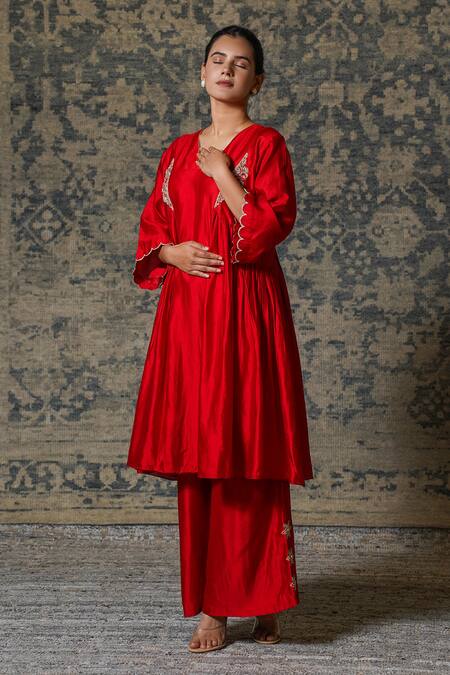 Buy Eeda Red Chiffon, Silk Zari V-neck Noor Gathered Zardosi Work Anarkali And Pant Set Buy_Eeda_Red Chiffon, Silk Zari V-neck Noor Gathered Zardosi Work Anarkali And Pant Set