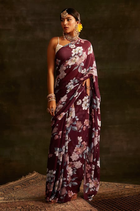 Shop_Paaprika_Magenta Georgette Floral Printed Saree With Unstitched Blouse Piece _at_Aza_Fashions