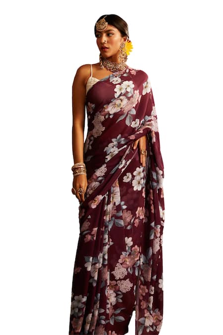 Paaprika_Magenta Georgette Floral Printed Saree With Unstitched Blouse Piece _Online_at_Aza_Fashions