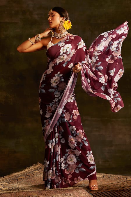 Shop_Paaprika_Magenta Georgette Floral Printed Saree With Unstitched Blouse Piece _Online_at_Aza_Fashions