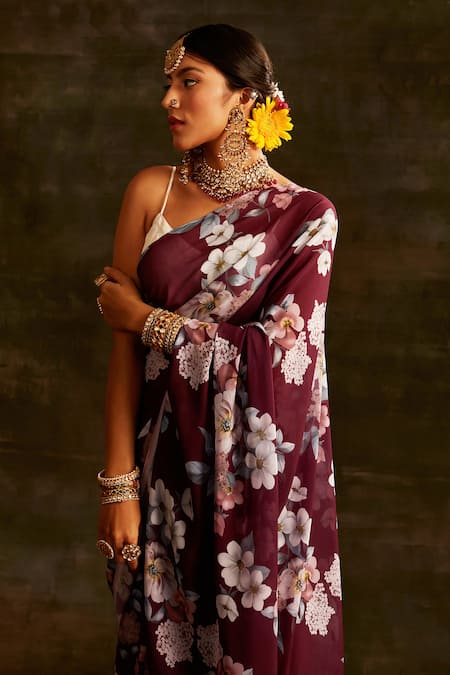 Paaprika_Magenta Georgette Floral Printed Saree With Unstitched Blouse Piece _at_Aza_Fashions
