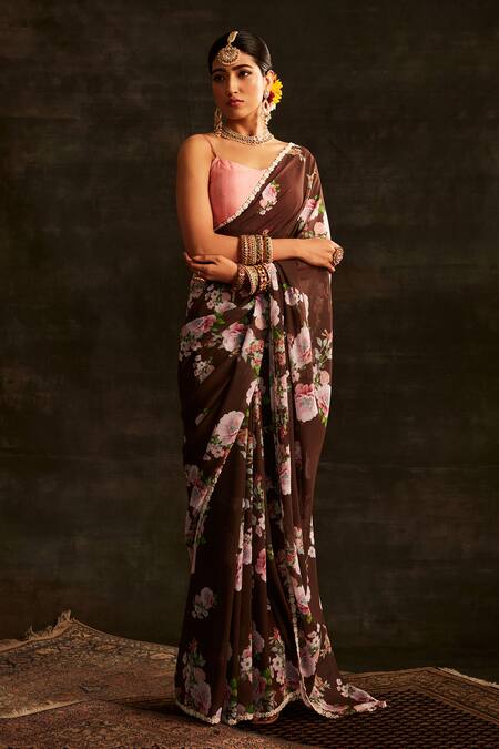 Shop_Paaprika_Brown Georgette Pearls Blossom Printed Saree With Unstitched Blouse Piece _at_Aza_Fashions