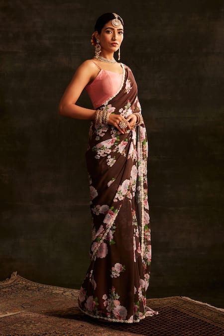 Paaprika_Brown Georgette Pearls Blossom Printed Saree With Unstitched Blouse Piece _Online_at_Aza_Fashions