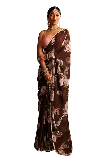 Buy_Paaprika_Brown Georgette Pearls Blossom Printed Saree With Unstitched Blouse Piece _Online_at_Aza_Fashions