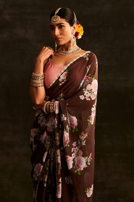 Shop_Paaprika_Brown Georgette Pearls Blossom Printed Saree With Unstitched Blouse Piece _Online_at_Aza_Fashions