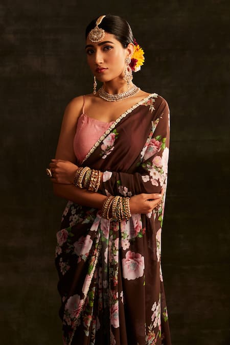 Paaprika_Brown Georgette Pearls Blossom Printed Saree With Unstitched Blouse Piece _at_Aza_Fashions