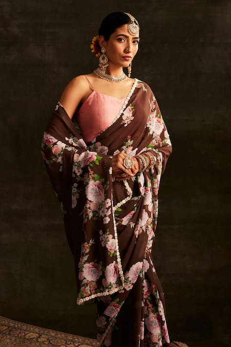 Buy_Paaprika_Brown Georgette Pearls Blossom Printed Saree With Unstitched Blouse Piece 