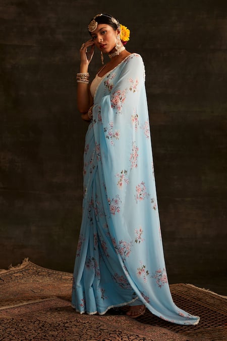 Shop_Paaprika_Blue Georgette Pearls Floral Vine Printed Saree With Unstitched Blouse Piece _at_Aza_Fashions