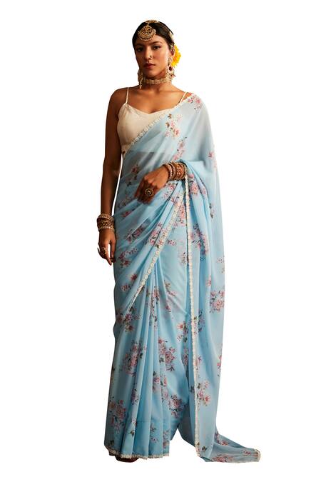 Paaprika_Blue Georgette Pearls Floral Vine Printed Saree With Unstitched Blouse Piece _Online_at_Aza_Fashions