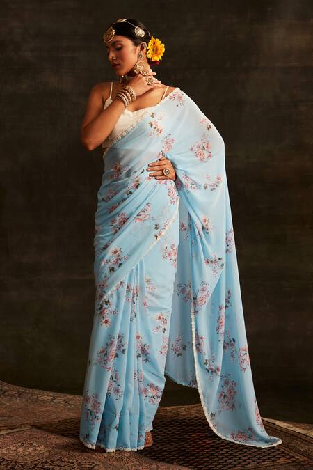 Buy_Paaprika_Blue Georgette Pearls Floral Vine Printed Saree With Unstitched Blouse Piece _Online_at_Aza_Fashions