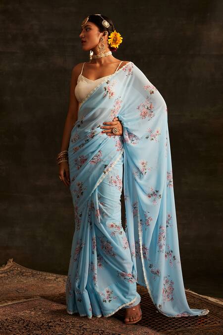Shop_Paaprika_Blue Georgette Pearls Floral Vine Printed Saree With Unstitched Blouse Piece _Online_at_Aza_Fashions