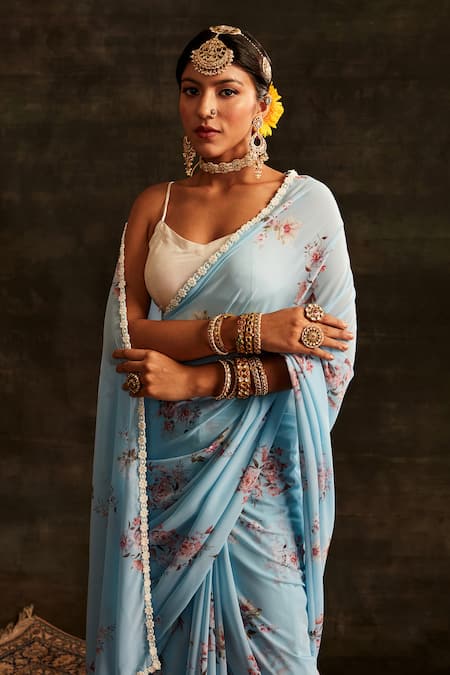 Paaprika_Blue Georgette Pearls Floral Vine Printed Saree With Unstitched Blouse Piece _at_Aza_Fashions