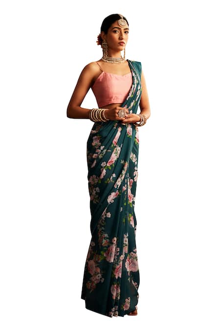 Paaprika Green Georgette Floral Garden Printed Saree With Unstitched Blouse Piece Online at Aza Fashions Paaprika_Green Georgette Floral Garden Printed Saree With Unstitched Blouse Piece _Online_at_Aza_Fashions