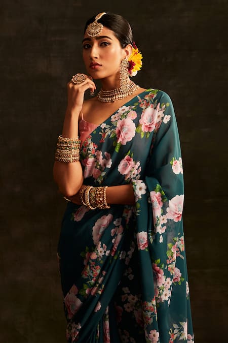 Shop Paaprika Green Georgette Floral Garden Printed Saree With Unstitched Blouse Piece Online at Aza Fashions Shop_Paaprika_Green Georgette Floral Garden Printed Saree With Unstitched Blouse Piece _Online_at_Aza_Fashions