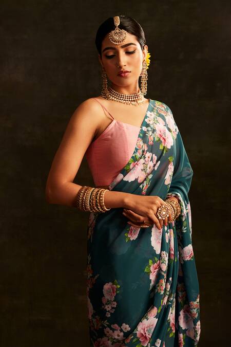 Paaprika Green Georgette Floral Garden Printed Saree With Unstitched Blouse Piece at Aza Fashions Paaprika_Green Georgette Floral Garden Printed Saree With Unstitched Blouse Piece _at_Aza_Fashions