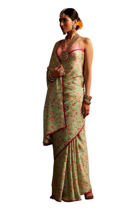 Paaprika_Green Satin Floral Paisley Printed Saree With Running Blouse Piece_Online_at_Aza_Fashions