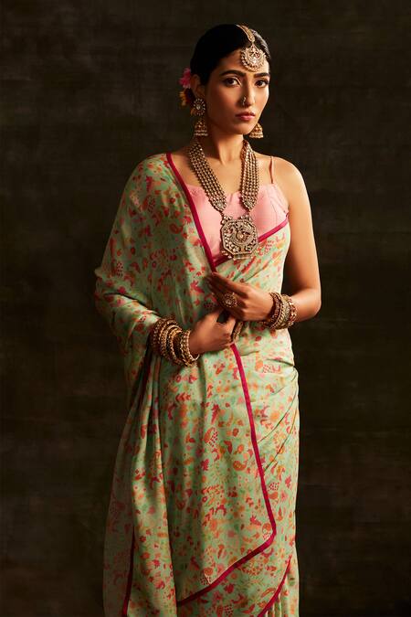 Buy_Paaprika_Green Satin Floral Paisley Printed Saree With Running Blouse Piece_Online_at_Aza_Fashions