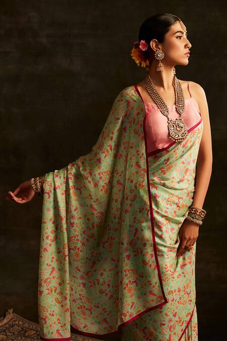 Shop_Paaprika_Green Satin Floral Paisley Printed Saree With Running Blouse Piece_Online_at_Aza_Fashions