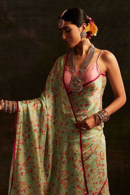 Paaprika_Green Satin Floral Paisley Printed Saree With Running Blouse Piece_at_Aza_Fashions