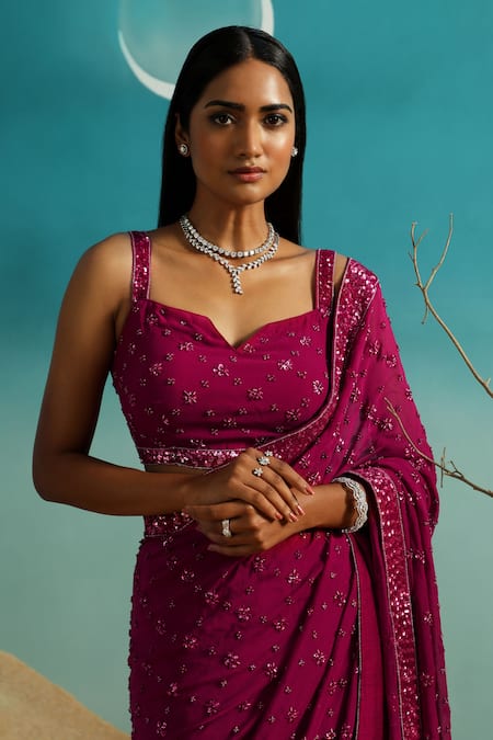 Paaprika Magenta Georgette Beads, Sequins Keyhole Embroidered Floral Saree With Blouse Online at Aza Fashions Paaprika_Magenta Georgette Beads, Sequins Keyhole Embroidered Floral Saree With Blouse _Online_at_Aza_Fashions