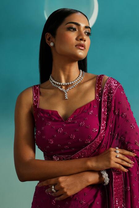 Buy Paaprika Magenta Georgette Beads, Sequins Keyhole Embroidered Floral Saree With Blouse Online at Aza Fashions Buy_Paaprika_Magenta Georgette Beads, Sequins Keyhole Embroidered Floral Saree With Blouse _Online_at_Aza_Fashions