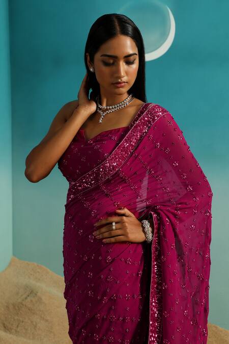 Shop Paaprika Magenta Georgette Beads, Sequins Keyhole Embroidered Floral Saree With Blouse Online at Aza Fashions Shop_Paaprika_Magenta Georgette Beads, Sequins Keyhole Embroidered Floral Saree With Blouse _Online_at_Aza_Fashions