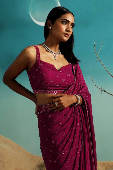 Paaprika Magenta Georgette Beads, Sequins Keyhole Embroidered Floral Saree With Blouse at Aza Fashions Paaprika_Magenta Georgette Beads, Sequins Keyhole Embroidered Floral Saree With Blouse _at_Aza_Fashions