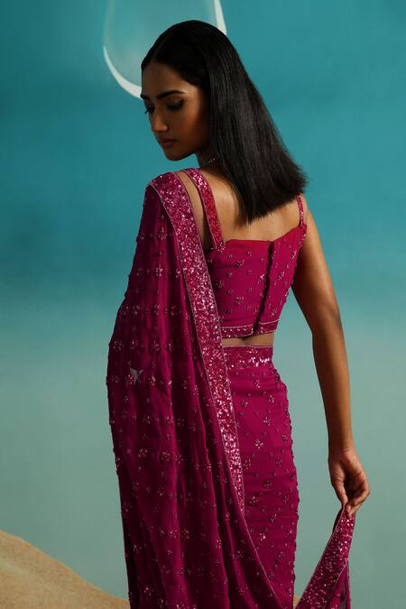 Shop Paaprika Magenta Georgette Beads, Sequins Keyhole Embroidered Floral Saree With Blouse Shop_Paaprika_Magenta Georgette Beads, Sequins Keyhole Embroidered Floral Saree With Blouse
