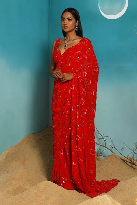 Shop_Paaprika_Red Georgette Sequins Sweetheart Neck Geometric Embroidered Saree With Blouse _Online_at_Aza_Fashions