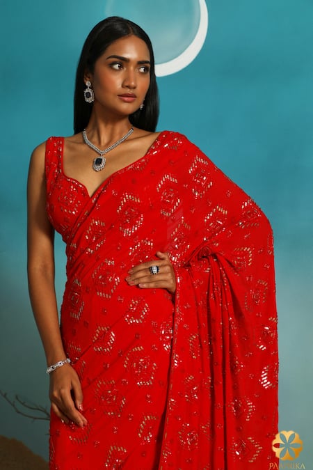 Buy_Paaprika_Red Georgette Sequins Sweetheart Neck Geometric Embroidered Saree With Blouse 
