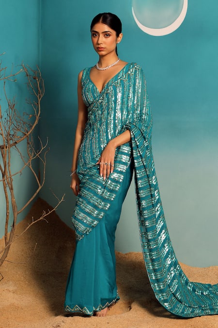 Paaprika Blue Pure Georgette Embroidered Sequin Sweetheart Stripe Saree With Blouse 