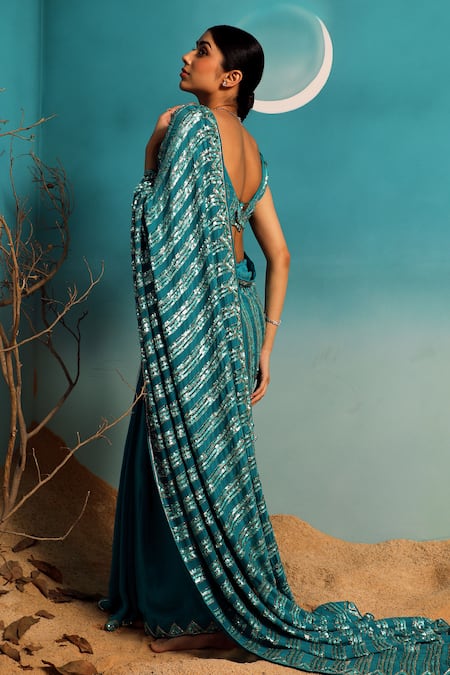 Paaprika Sequin Stripe Embroidered Saree With Blouse 