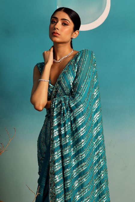 Buy_Paaprika_Blue Georgette Sequins Sweetheart Neck Stripe Embroidered Saree With Blouse _Online_at_Aza_Fashions
