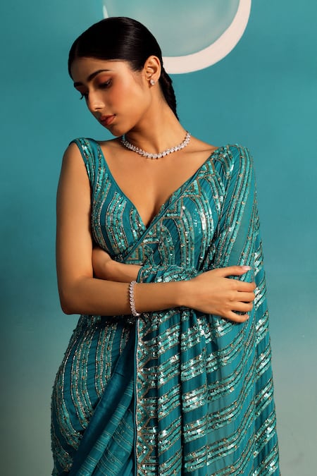 Shop_Paaprika_Blue Georgette Sequins Sweetheart Neck Stripe Embroidered Saree With Blouse _Online_at_Aza_Fashions