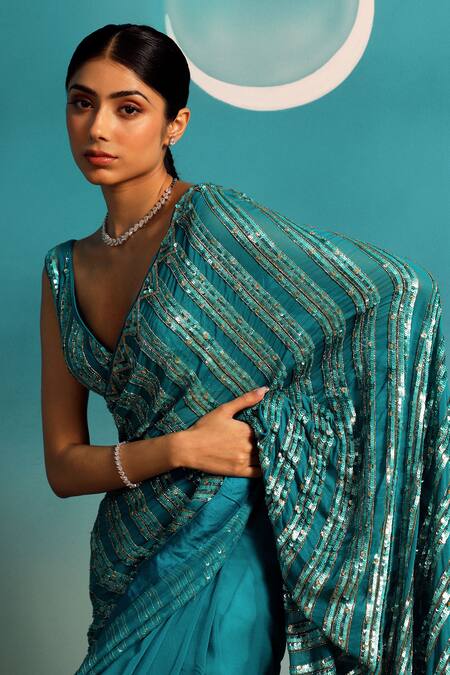 Paaprika_Blue Georgette Sequins Sweetheart Neck Stripe Embroidered Saree With Blouse _at_Aza_Fashions