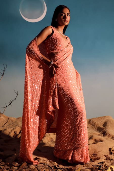 Paaprika Sequin Fan Pattern Embroidered Saree With Blouse 