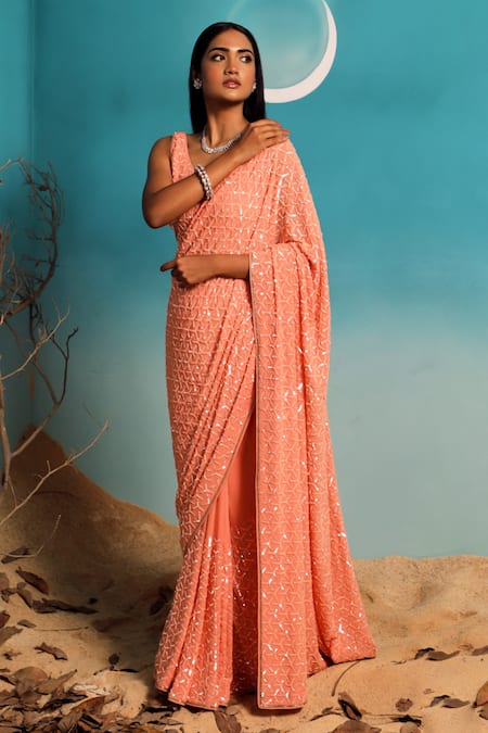 Paaprika_Peach Georgette Sequins V-neck Fan Pattern Embroidered Saree With Blouse _Online_at_Aza_Fashions