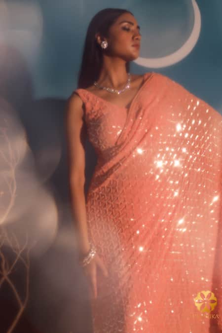 Paaprika_Peach Georgette Sequins V-neck Fan Pattern Embroidered Saree With Blouse _at_Aza_Fashions
