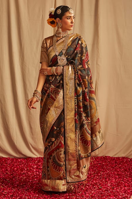 Paaprika Black Silk Print Kalamkari Saree With Running Blouse Piece 