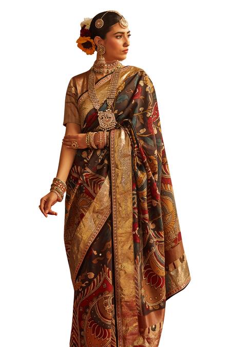 Paaprika_Black Silk Gota Patti Kalamkari Print Saree With Running Blouse Piece_Online_at_Aza_Fashions