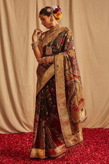 Buy_Paaprika_Black Silk Gota Patti Kalamkari Print Saree With Running Blouse Piece_Online_at_Aza_Fashions