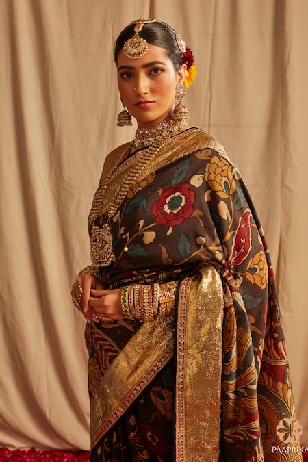 Shop_Paaprika_Black Silk Gota Patti Kalamkari Print Saree With Running Blouse Piece_Online_at_Aza_Fashions
