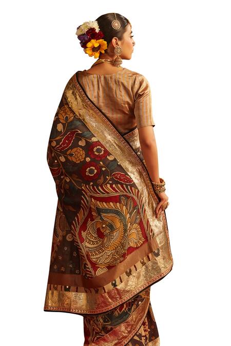 Paaprika_Black Silk Gota Patti Kalamkari Print Saree With Running Blouse Piece_at_Aza_Fashions