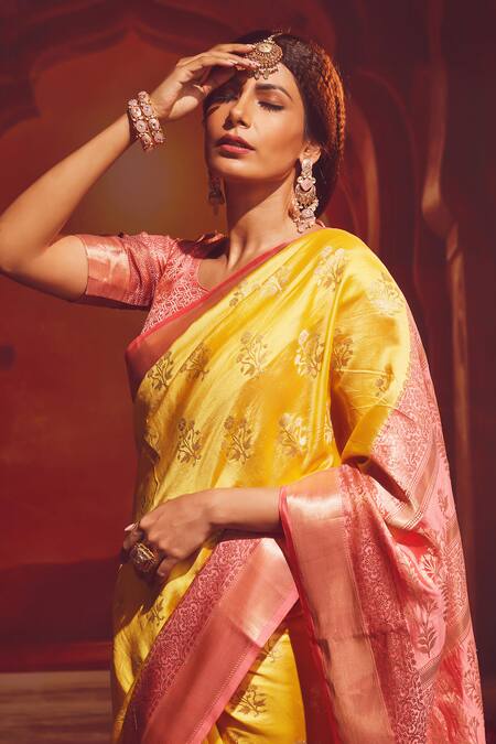 Paaprika_Yellow Silk Zari Round Neck Handwoven Floral Saree With Blouse _Online_at_Aza_Fashions