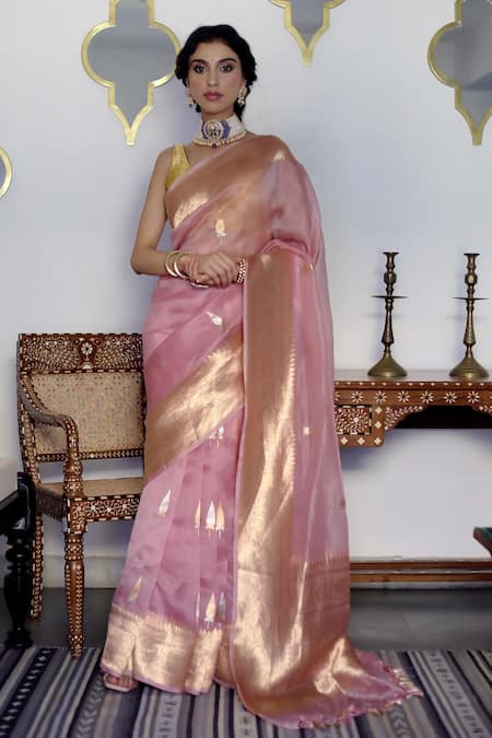 Paaprika Pink Kora Silk Woven Floral Butti Saree With Running Blouse Piece 