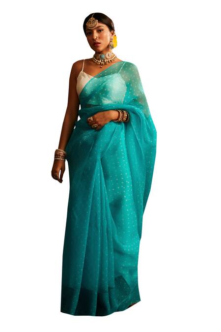Paaprika_Blue Organza Bandhani Pattern Saree With Running Blouse Piece _Online_at_Aza_Fashions