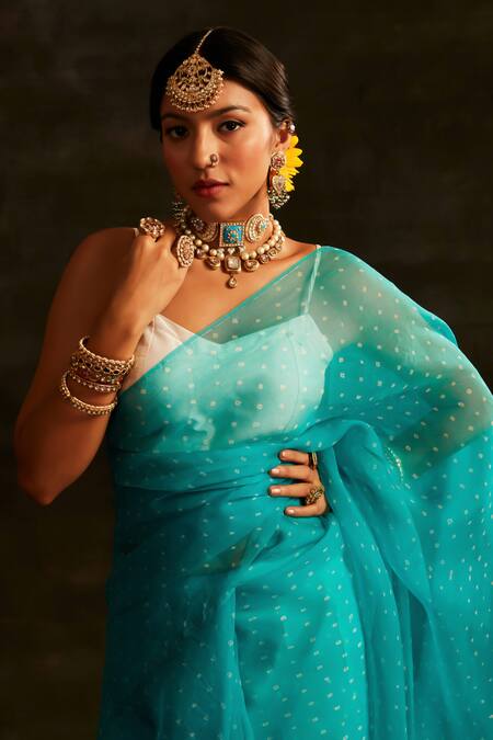 Shop_Paaprika_Blue Organza Bandhani Pattern Saree With Running Blouse Piece _Online_at_Aza_Fashions
