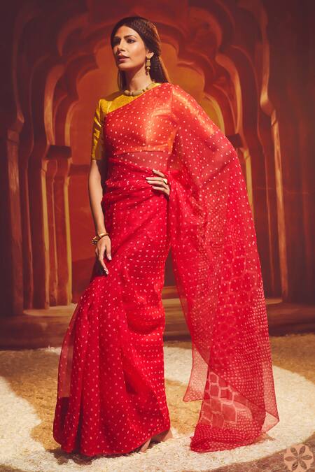 Shop Paaprika Red Organza Bandhani Scatter Saree With Running Blouse Piece at Aza Fashions Shop_Paaprika_Red Organza Bandhani Scatter Saree With Running Blouse Piece_at_Aza_Fashions